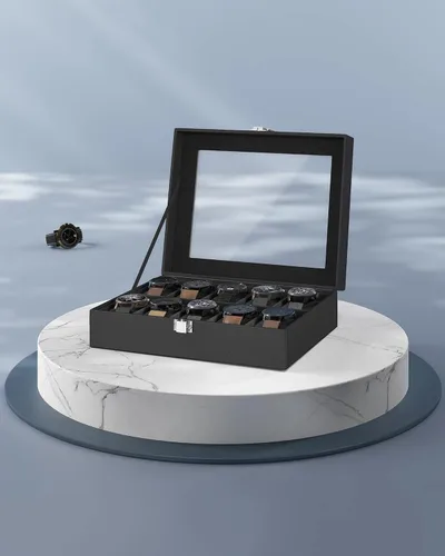 Vista 7 de SONGMICS Caja de reloj, caja de reloj de 10 ranuras con tapa de vidrio grande, almohadas extraíbles para reloj, organizador de caja de reloj, regalo