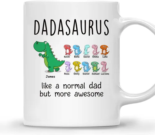 Vista 10 de Gossby Taza de Café Personalizada DADASAURUS – Regalo Personalizado para Papá de Niño, Hija, Hijo, Esposa Con Diseño, Nombres – Divertido Día