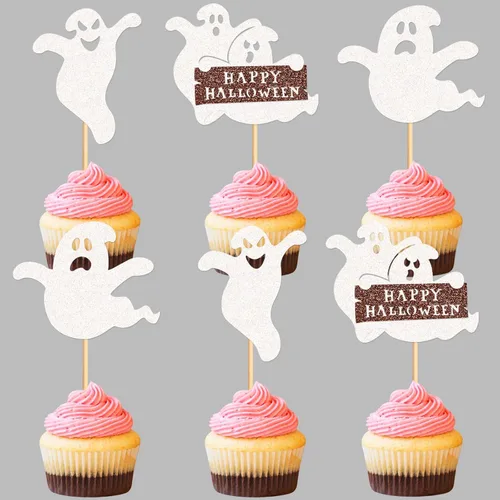 Vista 11 de 24 piezas de Halloween Baby Boo Cupcake Toppers Boo Ghost Cupcake Picks Baby Shower Halloween Boy Girl First Birthday Party Decoración Suministros