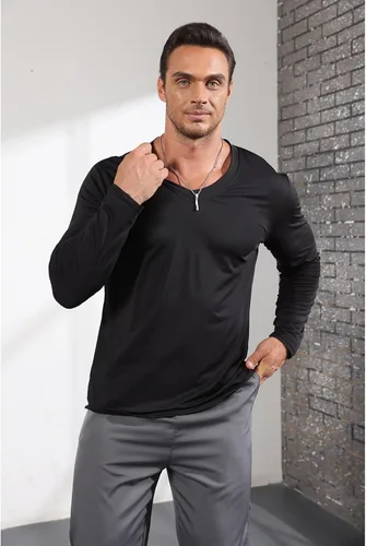 Vista 3 de SEGANUP Camisas de entrenamiento para hombre, cuello en V, casual, manga larga, gimnasio, musculo, camisetas de entrenamiento de moda para culturismo
