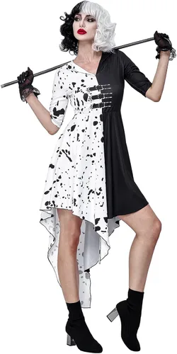 Vista 4 de GIKING Cruella Devil - Disfraz de Halloween para mujer, manga media y larga, color blanco y negro