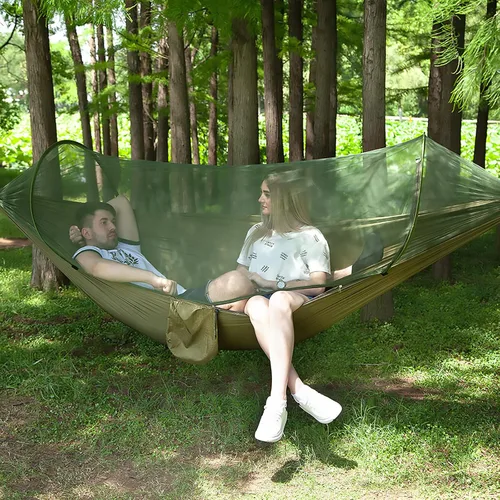 Vista 8 de LFL Hamaca de camping con mosquitero, hamacas con correas de árbol de 13 pies y mosquetones, hamaca portátil automática de apertura rápida para Negro