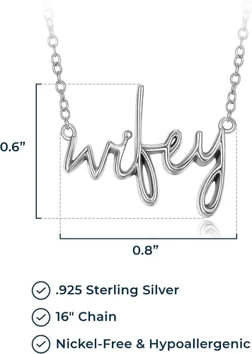Vista 3 de MORGAN & PAIGE .925 Sterling Silver Rhodium or 18K Yellow Gold Plated Statement Dainty Necklace for Women, Hypoallergenic Wifey Cursive Pendant