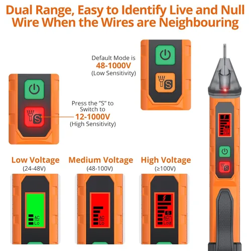 Vista 4 de Probador de Voltaje sin Contacto Proster - Detector de Voltaje AC Ajustable, Probador de Voltaje Eléctrico 12-1000V/48-1000V con Linterna LED