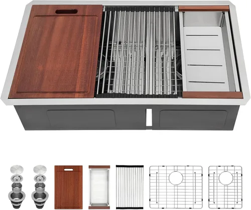 Vista 10 de Sarlai Fregadero de Cocina Dorado Bajo Encimera de 33 Pulgadas Doble Tazón 33 x 19 Pulgadas Bajo Dividido Dorado Estación de Trabajo Fregadero Doble