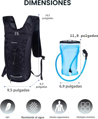Vista 6 de Blue Quartz Mochila de hidratación con bolsa de agua de 2 L, mochila de agua de senderismo para mujeres y hombres, mochila ligera de ciclismo