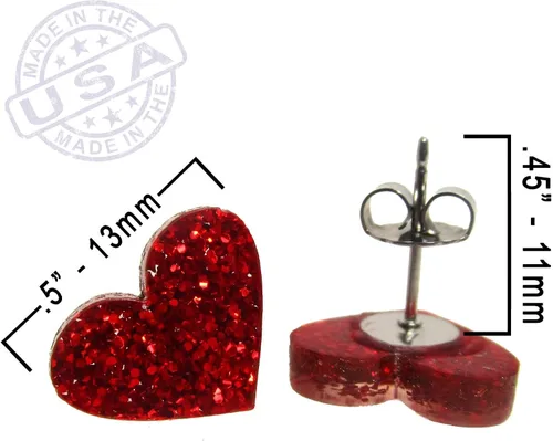 Vista 7 de Aretes de corazón con purpurina roja con postes de titanio hipoalergénicos sin níquel