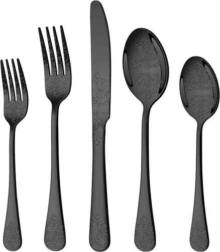Vista 8 de Juego de cubiertos negros de 20 piezas para 4, juego de cubiertos de acero inoxidable de grado alimenticio, incluye tenedor/cuchillo/cuchara, juego