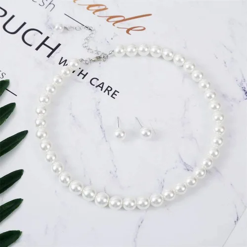 Vista 5 de Femtindo Juego de collar y pendientes de perlas de cristal collar de Perlas para mujer juego de joyas de perlas sintéticas para mujer con cadena