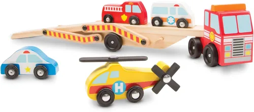 Vista 4 de Melissa & Doug Emergency Vehicle Carrier camión de madera con 4 vehículos de rescate 5 Pieces, 2-Level Vehicle Carrier Truck, Wooden Rescue