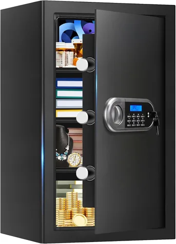 Vista 12 de Caja fuerte pequeña para uso doméstico, caja de seguridad digital con cerradura de combinación, estante extraíble y llaves de repuesto, caja fuerte