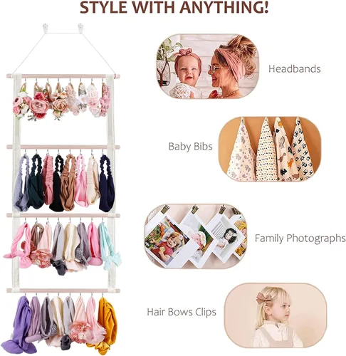 Vista 6 de Organizador de lazos para el pelo para niñas, organizador de accesorios para el cabello de bebé, decoración para colgar en la pared para habitación