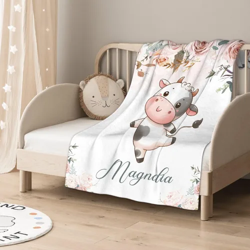 Vista 4 de Manta de bebé personalizada para niñas y niños pequeños, recién nacidos, regalos personalizados de vaca floral con nombre y texto, 40 x 30 pulgadas