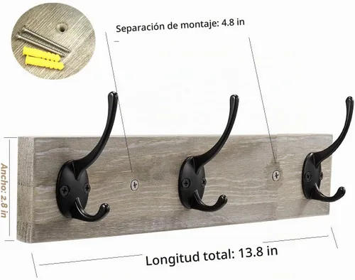 Vista 2 de Perchero de pared, perchero de entrada vintage rústico de madera con 3 ganchos para colgar abrigos y sombreros, riel de zinc fundido para la Madera