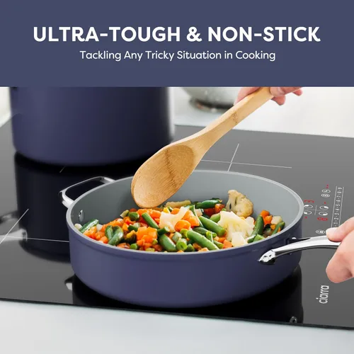 Vista 4 de CIARRA Juego de utensilios de cocina antiadherentes, juego de ollas y sartenes de cerámica con tapa, juego de cocina no tóxico, sin PTFE ni PFOA
