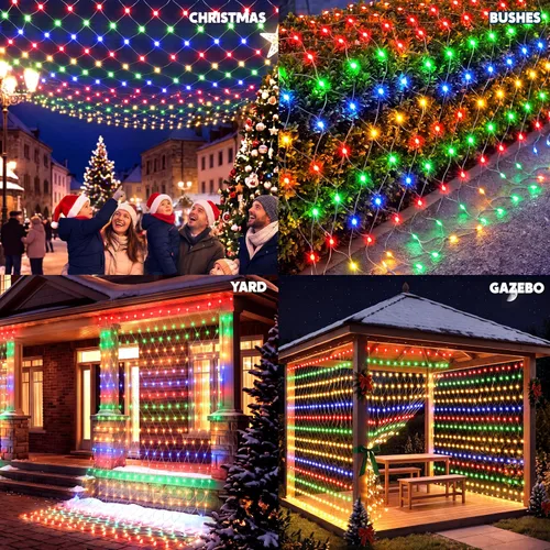 Vista 7 de JOYIN 200 luces LED de red de Navidad, 6.5 x 10 pies, luces de malla de Navidad con 8 modos, conectables, impermeables, para arbustos, árboles