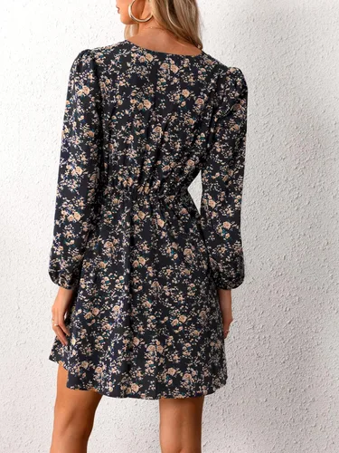 Vista 3 de CUPSHE Mini vestido floral con cuello en V para mujer, manga larga, línea A