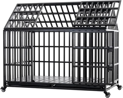 Vista 7 de Jaula para perros de 52 pulgadas resistente con 2 sartenes de plástico extraíbles, perrera grande con 4 ruedas bloqueables, jaula de metal