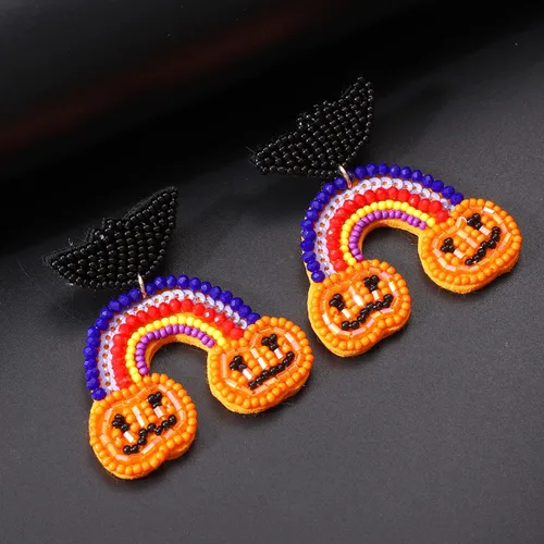 Vista 5 de Aretes de Halloween para mujer, lindos aretes colgantes de calabaza fantasma, con cuentas, espeluznante sombrero de bruja de calavera boo truco RIP
