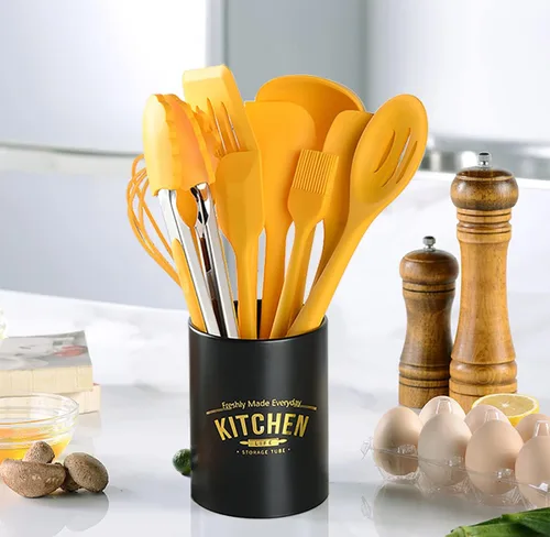 Vista 6 de Juego de utensilios de cocina de silicona, 11 piezas, herramientas de cocina resistentes al calor, espátula, tornillo, pinzas, cuchara, batidor, sin