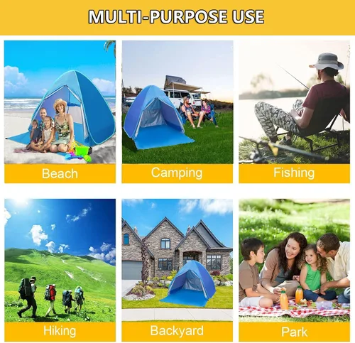 Vista 5 de Tienda de campaña de playa desplegable con protección solar UPF 50+, toldo cabaña para 2-3 personas para adultos, bebés, niños, actividades al aire