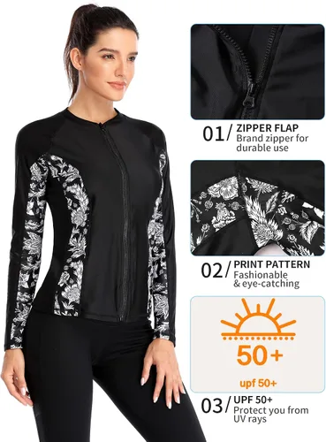 Vista 4 de ATTRACO Rashguard o Camiseta de surf para mujer con cremallera frontal, protección solar UPF 50+