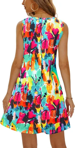 Vista 4 de Vestidos de verano 2025 para mujer, vestidos informales para la playa, salidas de baño, vestidos acampanados y con vuelo, sin mangas, tipo camiseta