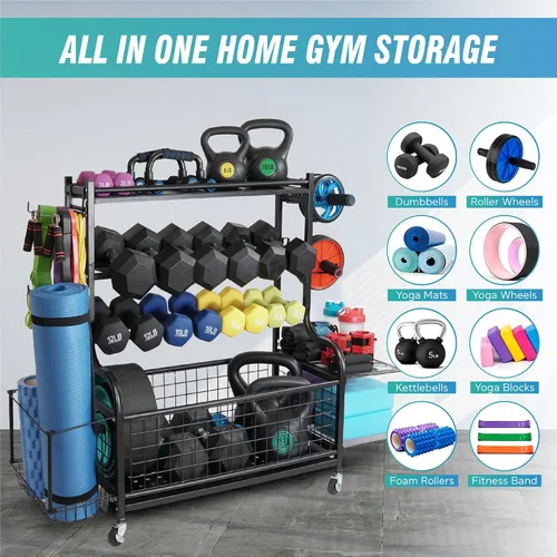 Vista 6 de STUFFSTASH Soporte ajustable para mancuernas para gimnasio en casa, estante de peso resistente con estante para pesas rusas, soporte para tapete