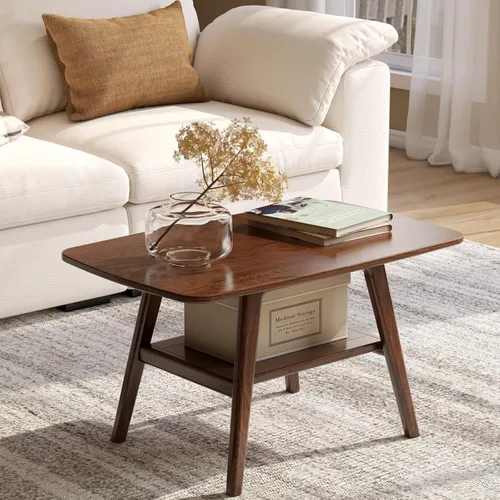 Vista 11 de Mesa de centro 100% de madera de roble maciza para sala de estar, mesa pequeña con almacenamiento en estantes, mesas de centro modernas de mediados