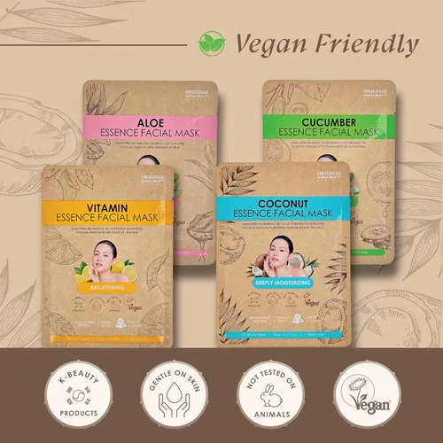 Vista 4 de Paquete de 12 máscaras faciales veganas para el cuidado de la piel, coco, aloe, vitaminas, pepino, máscara facial coreana para el cuidado de la piel