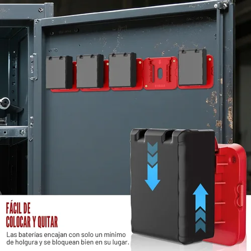Vista 4 de Soporte de batería compatible con batería Milwaukee de 18 V, almacenamiento de baterías de montaje en pared para furgoneta de trabajo, estante, caja