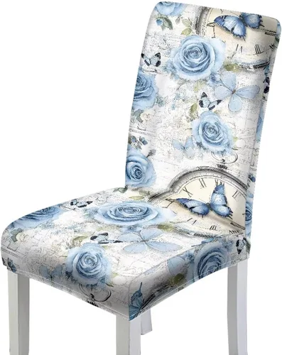 Vista 2 de Rnyleeg Juego de 1 funda para sillas de comedor con diseño de mariposa y rosa azul, elegante, suave, lavable, para cocina, hotel, ceremonia