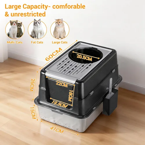 Vista 2 de Caja de arena para gatos de acero inoxidable con tapa, caja de arena de metal cubierta cerrada con tapa abatible de 180°, caja para gatos de alta