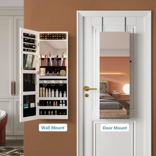 Vista 5 de Ylued Armario de joyería con espejo LED, organizador de joyas montado en la paredpuerta con espejo de longitud completa, espejo con cerradura
