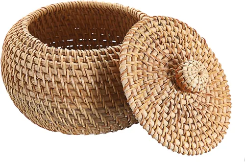 Vista 9 de Hipiwe Cajas de Cestas Redondas de Ratán con Tapa Tejidas a Mano, Cestas de Almacenamiento de Mimbre, Contenedor, Cesta Decorativa Multiusos