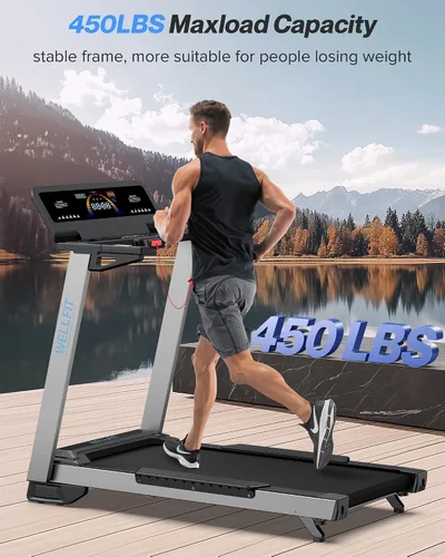 Vista 2 de WELLFIT Cinta de correr para el hogar, cinta de correr resistente con 2 niveles de inclinación con sensor de pulso, 4.0 HP, 10 MPH, capacidad de 450