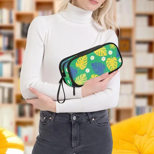 Vista 7 de Nylon Big Pencil Bag Summer Tropical Leaf Bright Yellow Green Large Capacity Big Pencil Case With Zipper Stationery Bag for College Teen Boys
