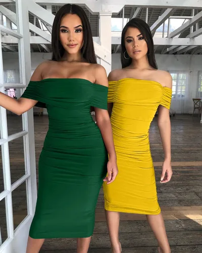 Vista 7 de GOBLES Vestido elegante de cóctel para mujer, fruncido, hombros desnudos, manga corta, ajustado, largo hasta pantorrillas, para fiesta