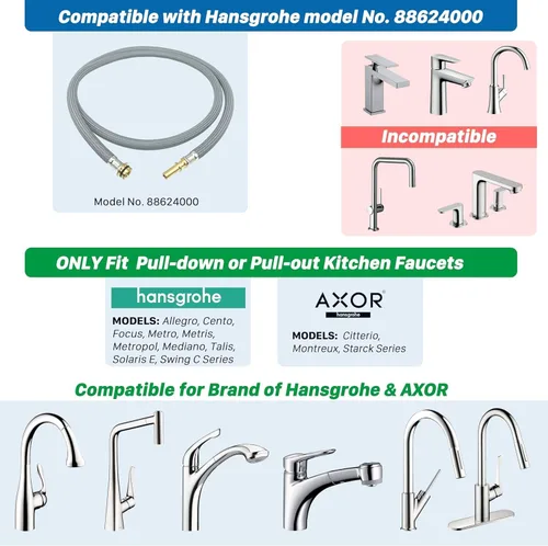 Vista 3 de 88624000 Pieza de repuesto para manguera de grifo de cocina Hansgrohe para manguera de spray extraíble 95507000 95506000, 59 pulgadas de longitud