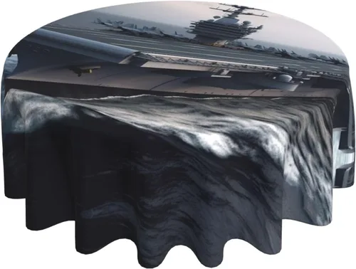 Vista 2 de Mantel redondo con estampado de portaaviones de 60 pulgadas, suave, resistente a las arrugas, impermeable, para cocina, comedor, fiestas, camping
