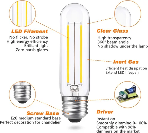 Vista 8 de Bombilla tubular LED E26 equivalente a 25 W, blanco brillante 5000 K, 200 lúmenes, 2 W luz diurna regulable, bombillas de filamento LED Edison