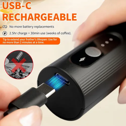 Vista 4 de TonJin Espumador de leche recargable de mano con cubierta de viaje, batidor eléctrico ajustable de 3 velocidades para café, café con leche