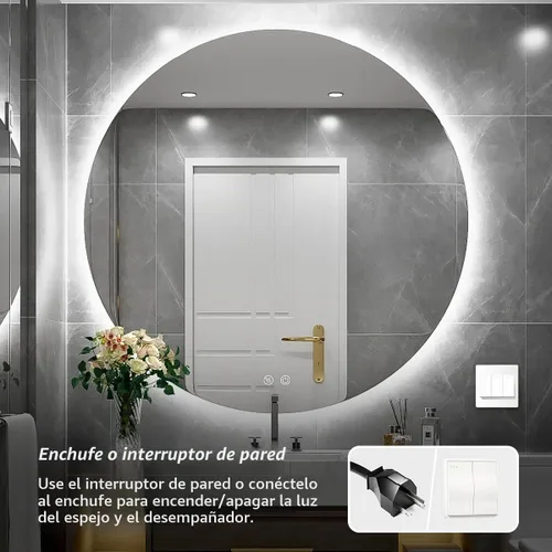 Vista 6 de Espejo de baño LED redondo de 30 pulgadas, retroiluminación de luz diurna de 6000 K, antivaho y regulable, espejo impermeable sin marco con control