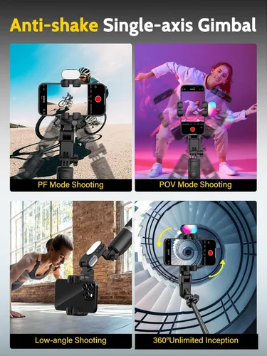 Vista 4 de AOCHUAN Trípode de seguimiento facial automático con rotación de 360 grados con luz RGB, cardán de teléfono de un solo eje para iPhone Android