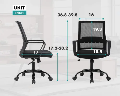 Vista 3 de Silla de oficina ergonómica de escritorio, silla de computadora con respaldo medio, reposabrazos de soporte lumbar, silla de malla transpirable
