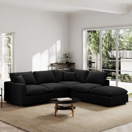 Vista 15 de Sofá seccional moderno de lino en forma de L para sala de estar, sofás modulares con relleno de plumón, fundas de cojín de sofá desmontables, sofá