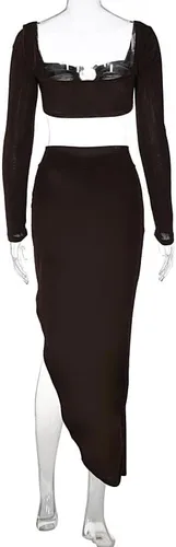 Vista 9 de Vestido de dos piezas para mujer, sexy, ajustado, con abertura, manga larga, para club, salida nocturna, maxi vestidos de fiesta