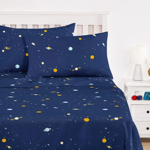 Vista 7 de Wake In Cloud - Sábanas espaciales para niños, 100% algodón, juego de sábanas de 4 piezas para niños, Galaxy Celestial Stars Rockets, Planets, ropa