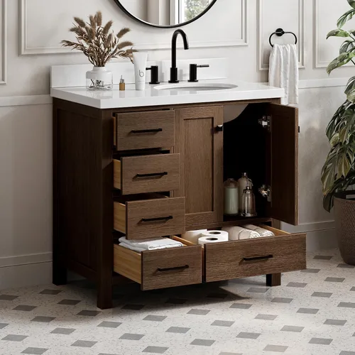 Vista 3 de ARIEL Cambridge tocador de baño con fregadero, madera maciza, encimera y protector contra salpicaduras de cuarzo blanco puro de 1.5 pulgadas