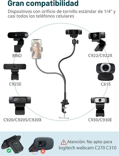 Vista 2 de Soporte para cámara web InnoGear con soporte para teléfono, brazo de cámara de escritorio de cuello de cisne para cámara web Logitech BRIO 4K C960